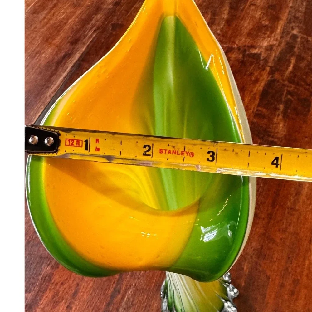 Vintage Hand‎ Blown Glass Calla Lily Vase Yellow Green Frosted Ribbed 11 Inch